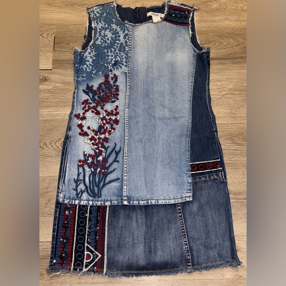 Desigual Patchwork Denim Dress with Red Embellishment
